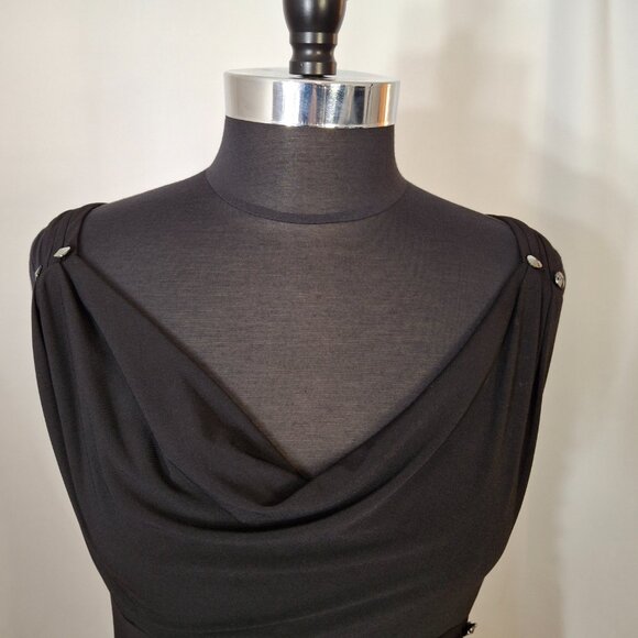Slimming Black Cocktail Dress 14P Button Detail Deep Cowl Neck Drape MatteJersey - Picture 7 of 14